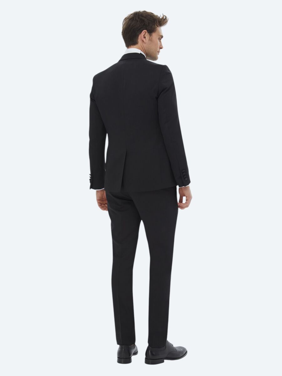 Siyah Düz Slim Fit Çıkarılabilir Kruvaze Yaka Dokuma Smokin Takım Elbise - 7