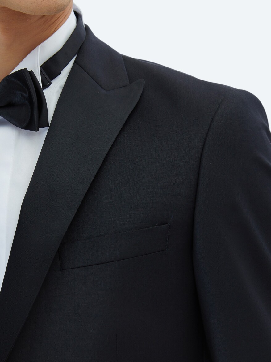 Siyah Düz Slim Fit Çıkarılabilir Kruvaze Yaka Prinç Smokin Takım Elbise - 4