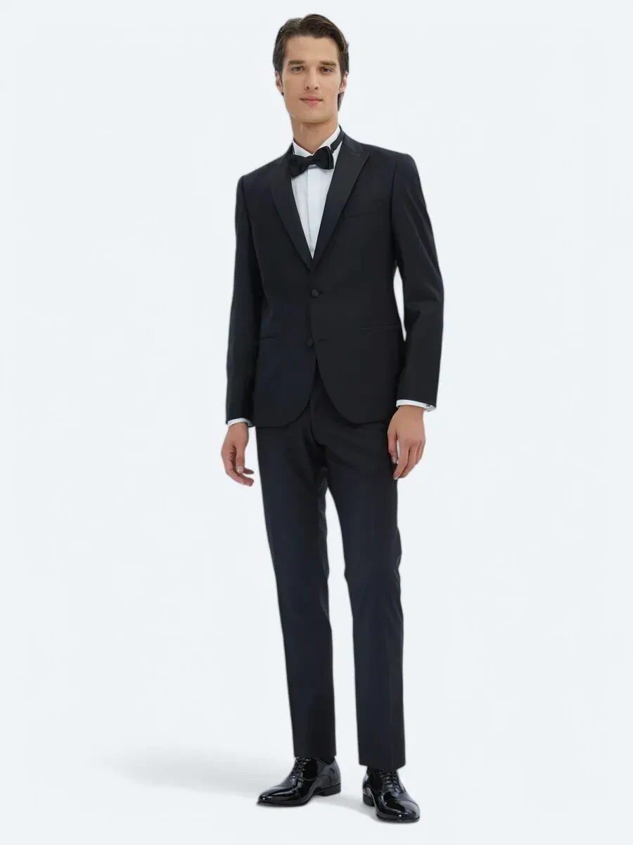 Siyah Düz Slim Fit Çıkarılabilir Kruvaze Yaka Prinç Smokin Takım Elbise - 2