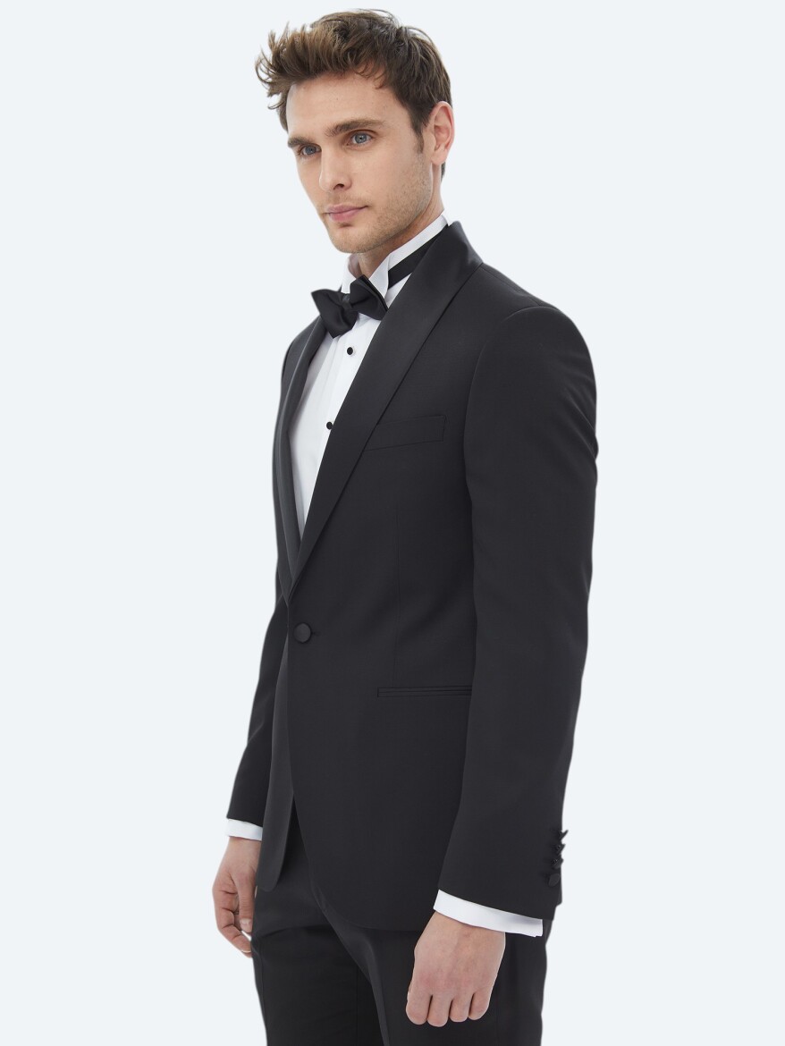 Siyah Düz Slim Fit Çıkarılabilir Şal Yaka Dokuma Smokin Takım Elbise - 3