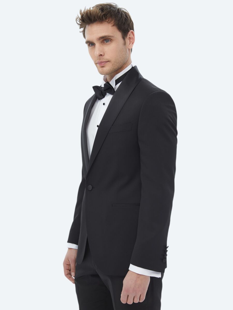 Siyah Düz Slim Fit Çıkarılabilir Şal Yaka Dokuma Smokin Takım Elbise - 3