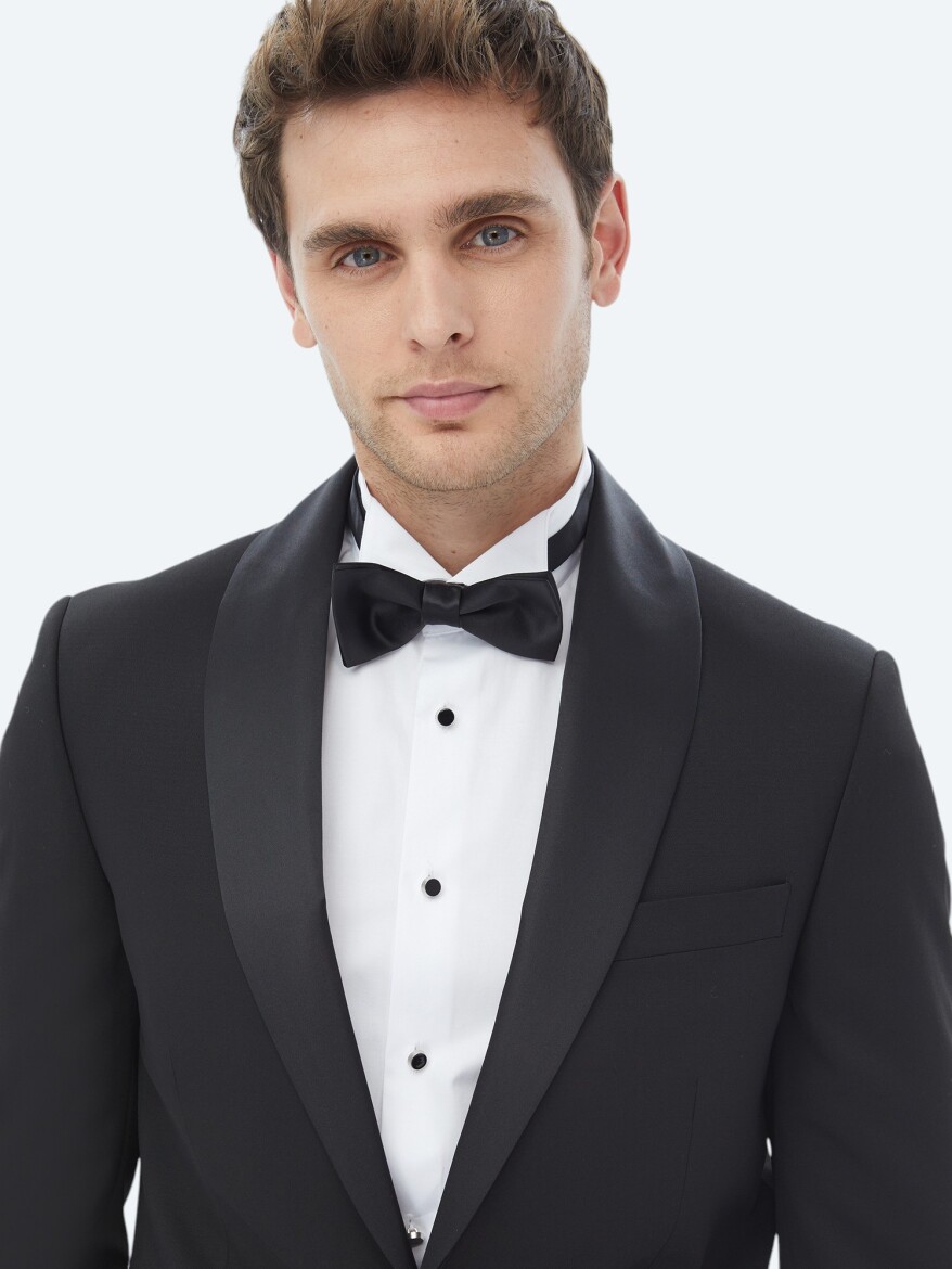 Siyah Düz Slim Fit Çıkarılabilir Şal Yaka Dokuma Smokin Takım Elbise - 4