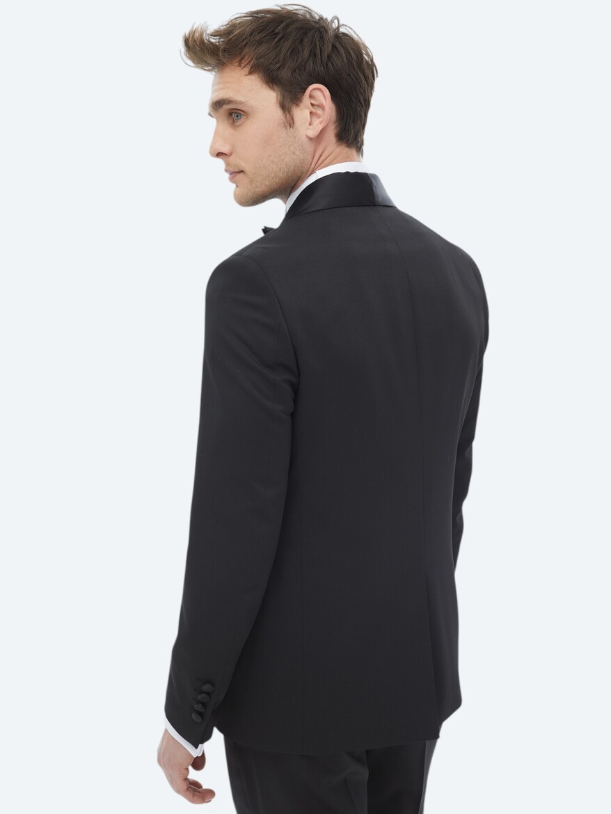 Siyah Düz Slim Fit Çıkarılabilir Şal Yaka Dokuma Smokin Takım Elbise - 7