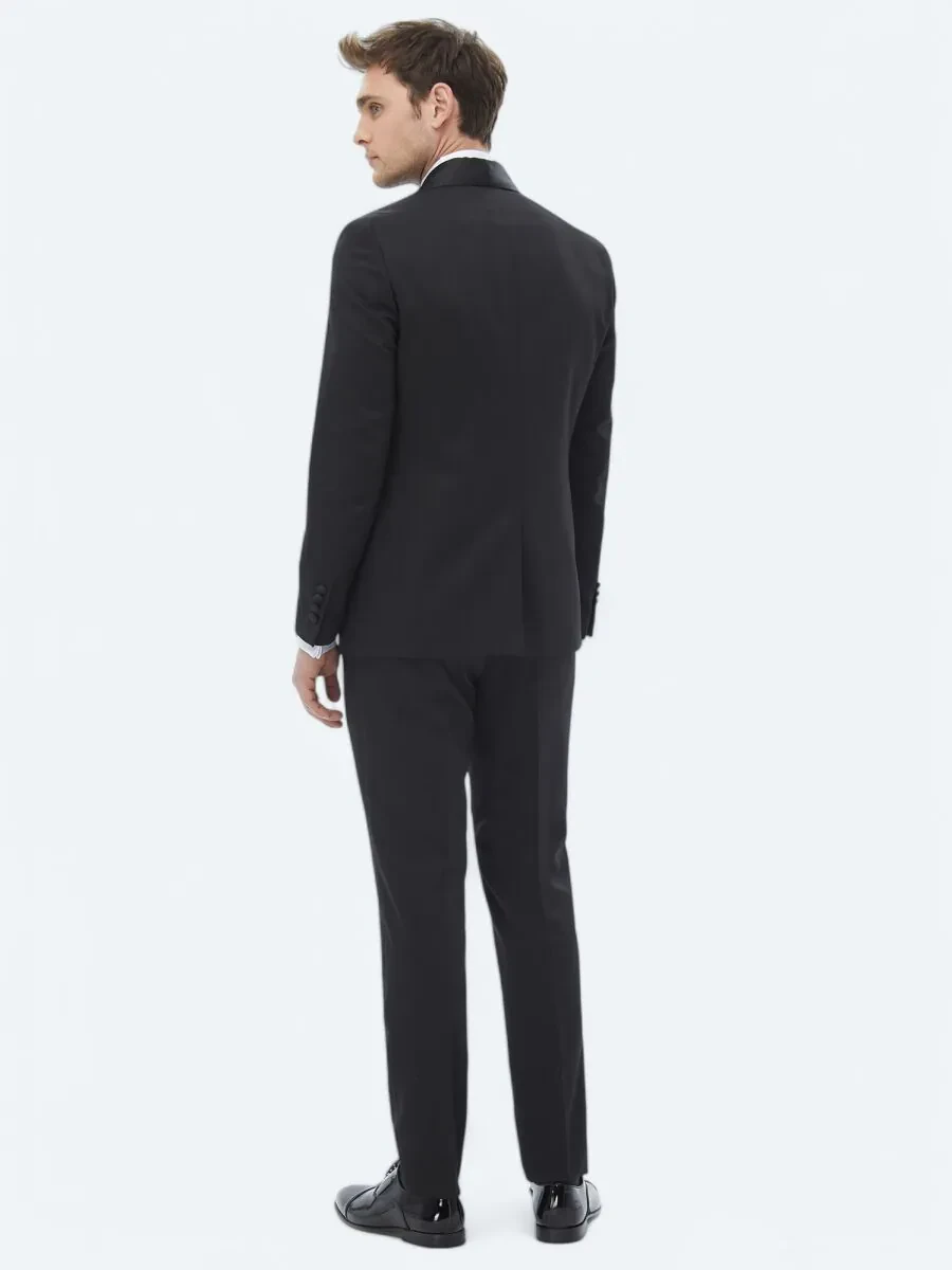 Siyah Düz Slim Fit Çıkarılabilir Şal Yaka Dokuma Smokin Takım Elbise - 8