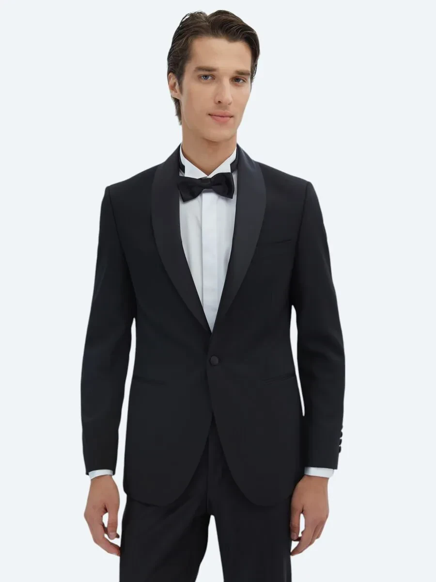 Siyah Düz Slim Fit Çıkarılabilir Şal Yaka Dokuma Smokin Takım Elbise - 1