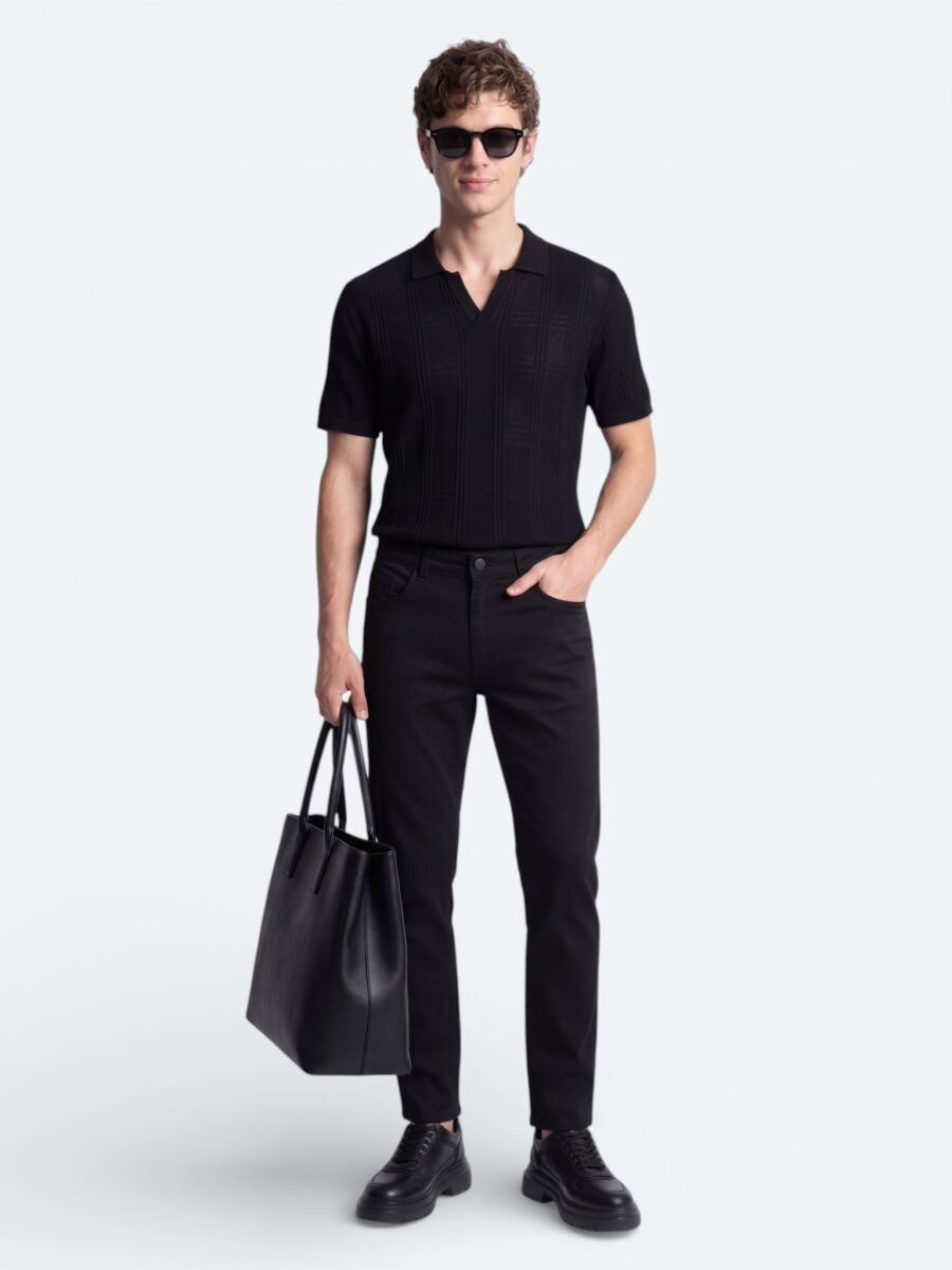 Siyah Slim Fit Denim Pamuk Karışımlı Pantolon - 1