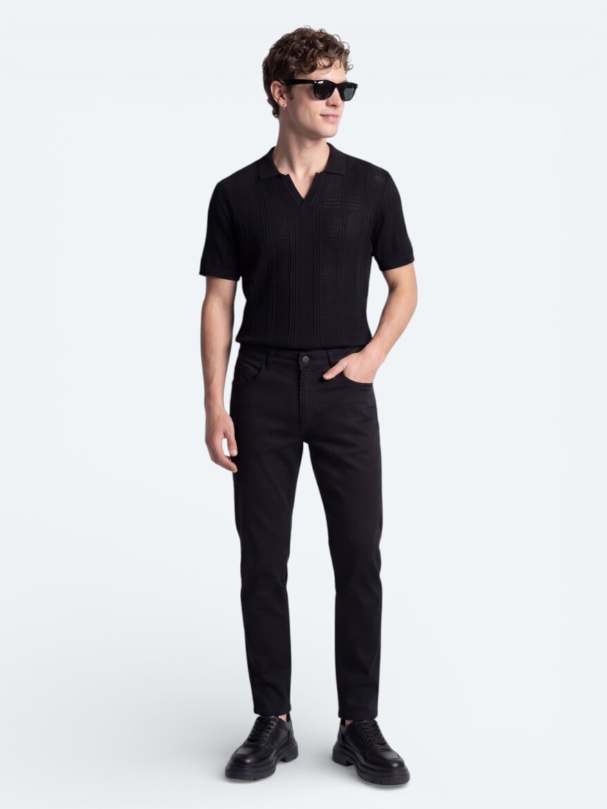 Siyah Slim Fit Denim Pamuk Karışımlı Pantolon - 4