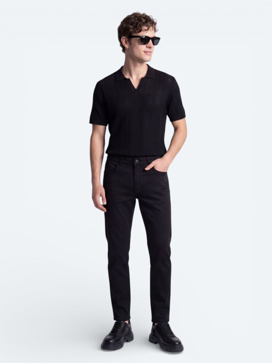 Siyah Slim Fit Denim Pamuk Karışımlı Pantolon - 4