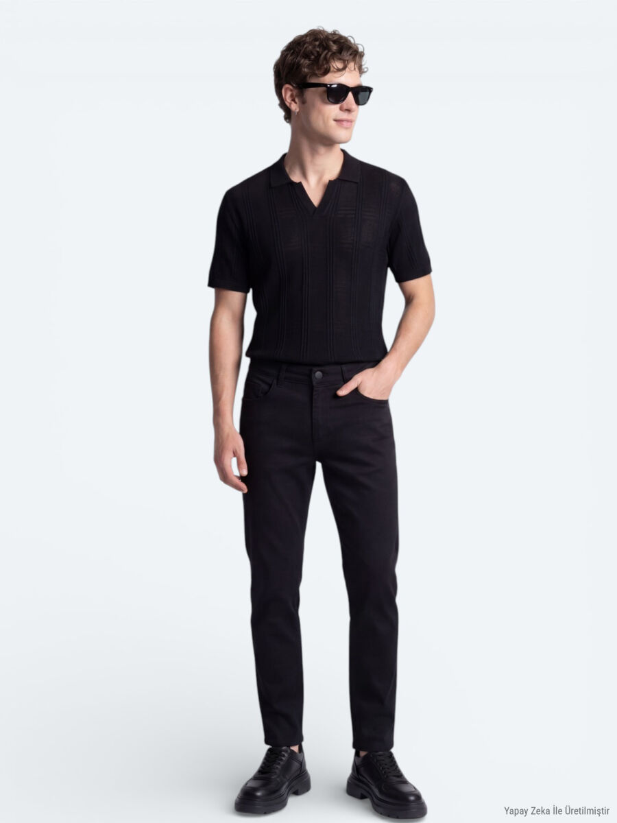 Siyah Düz Slim Fit Denim Pamuk Karışımlı Pantolon - 4