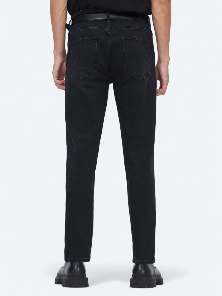 Siyah Düz Slim Fit Denim Pamuk Karışımlı Pantolon - 4