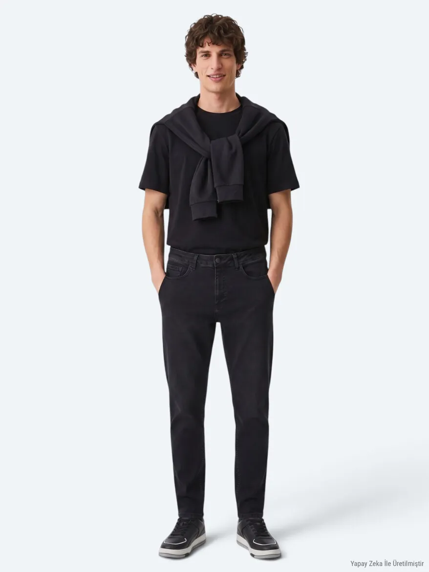 Siyah Düz Slim Fit Denim Pamuk Karışımlı Pantolon - KİP