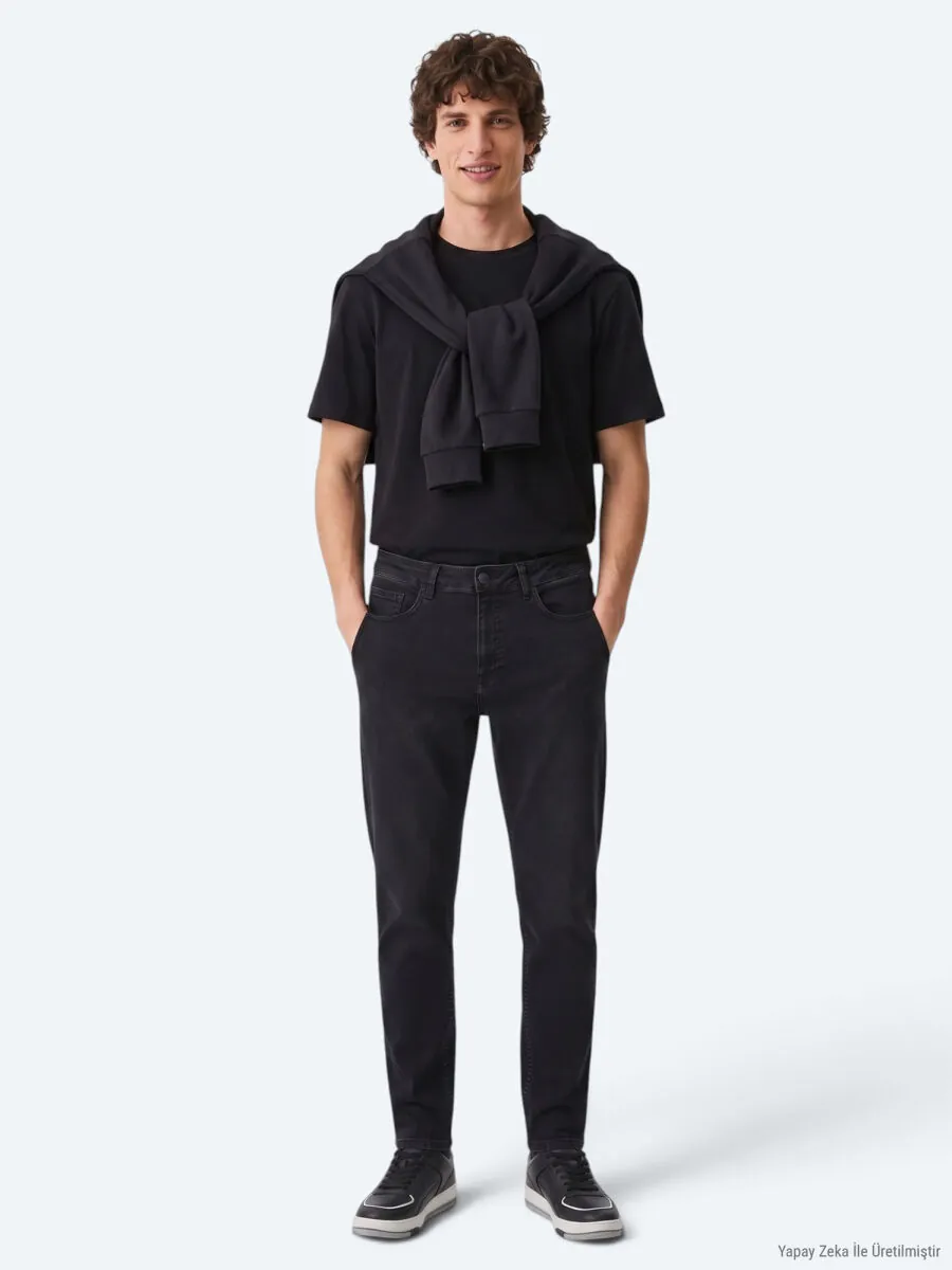 Siyah Düz Slim Fit Denim Pamuk Karışımlı Pantolon - 1
