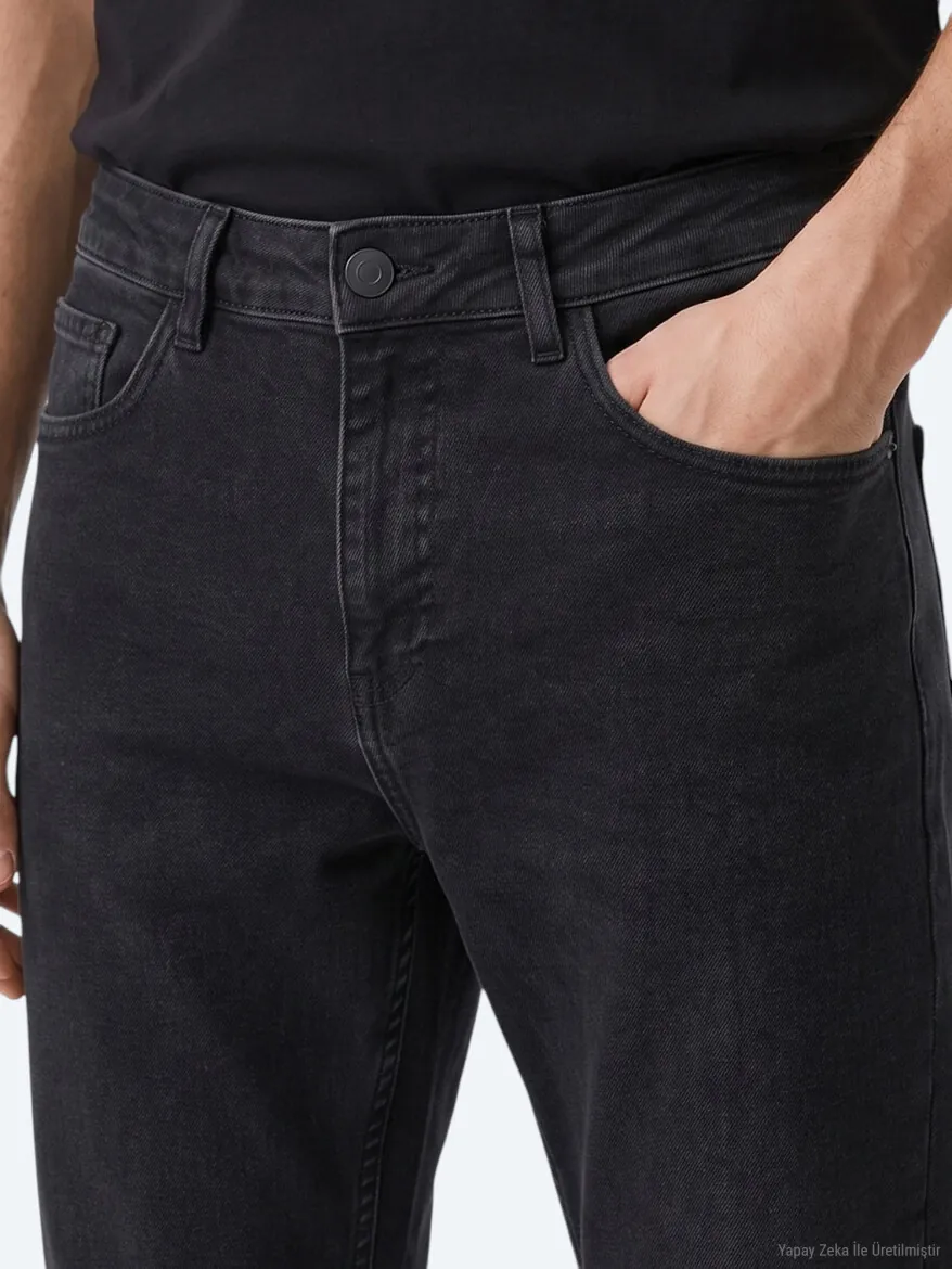 Siyah Düz Slim Fit Denim Pamuk Karışımlı Pantolon - 3