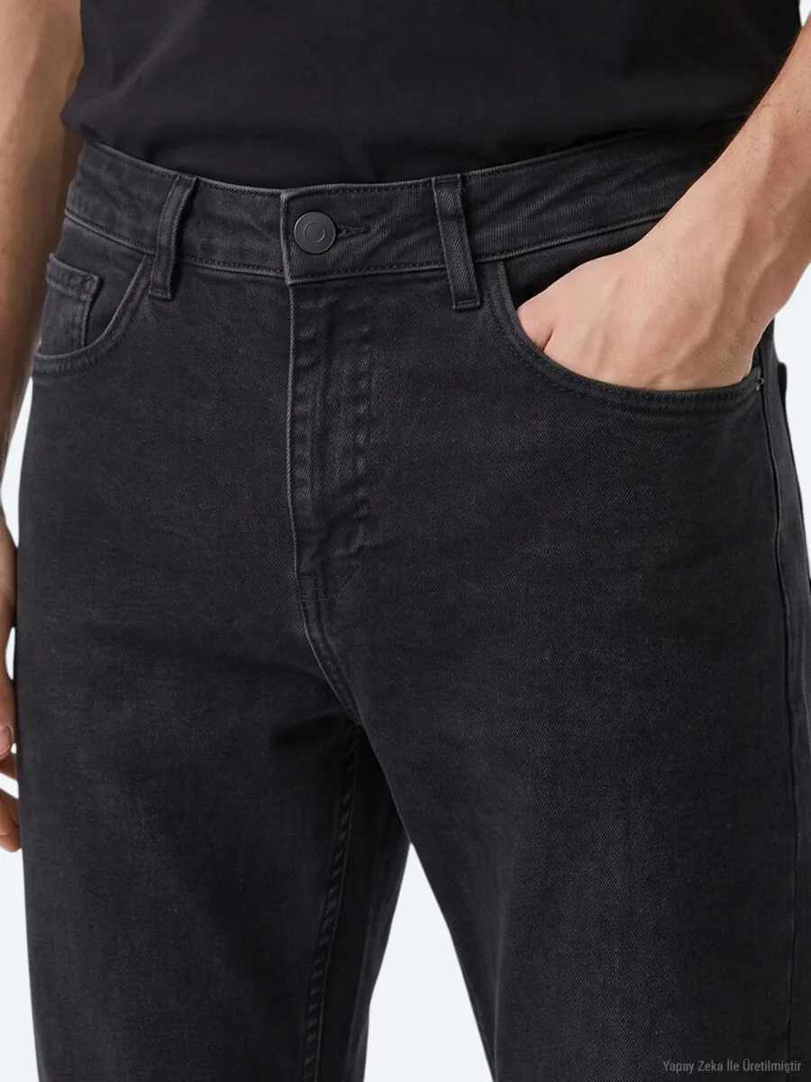 Siyah Düz Slim Fit Denim Pamuk Karışımlı Pantolon - 3