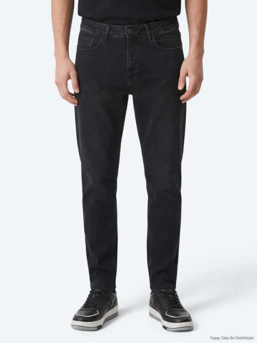 Siyah Düz Slim Fit Denim Pamuk Karışımlı Pantolon - 4