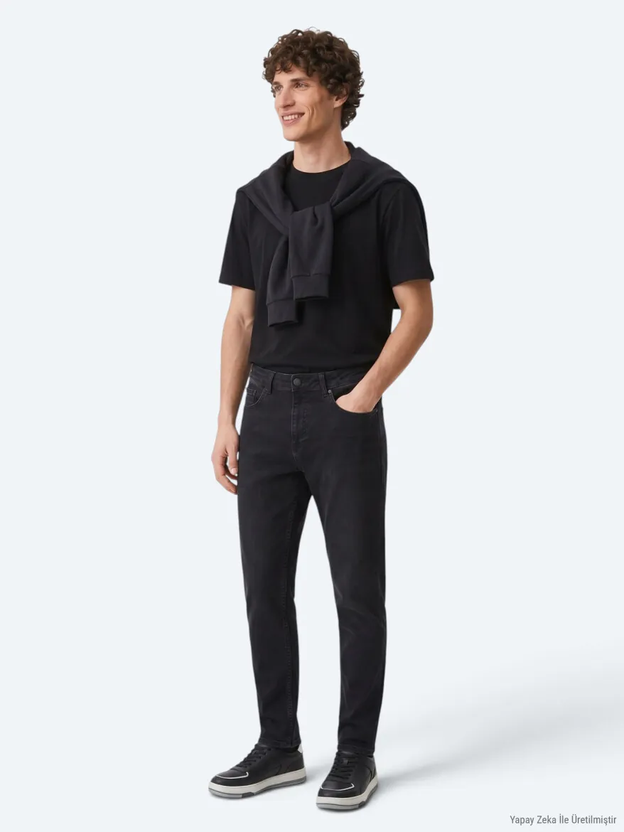 Siyah Düz Slim Fit Denim Pamuk Karışımlı Pantolon - 5