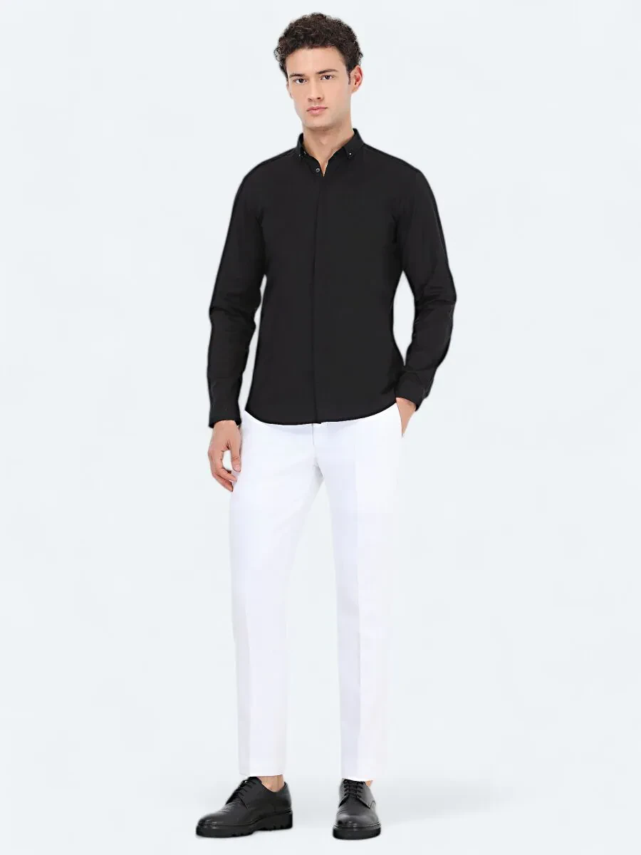 Siyah Düz Slim Fit Dokuma Klasik %100 Pamuk Gömlek - 2
