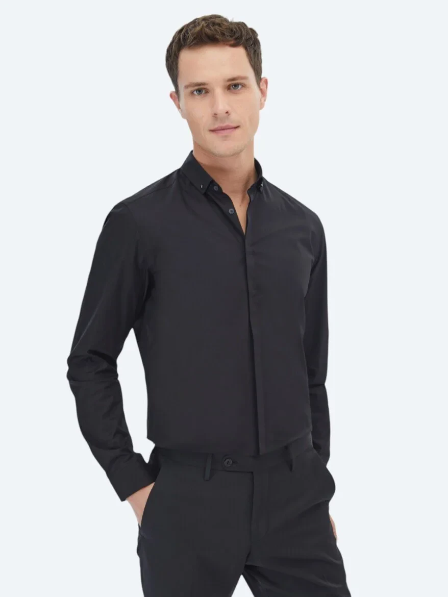 Siyah Düz Slim Fit Dokuma Klasik %100 Pamuk Gömlek - 1