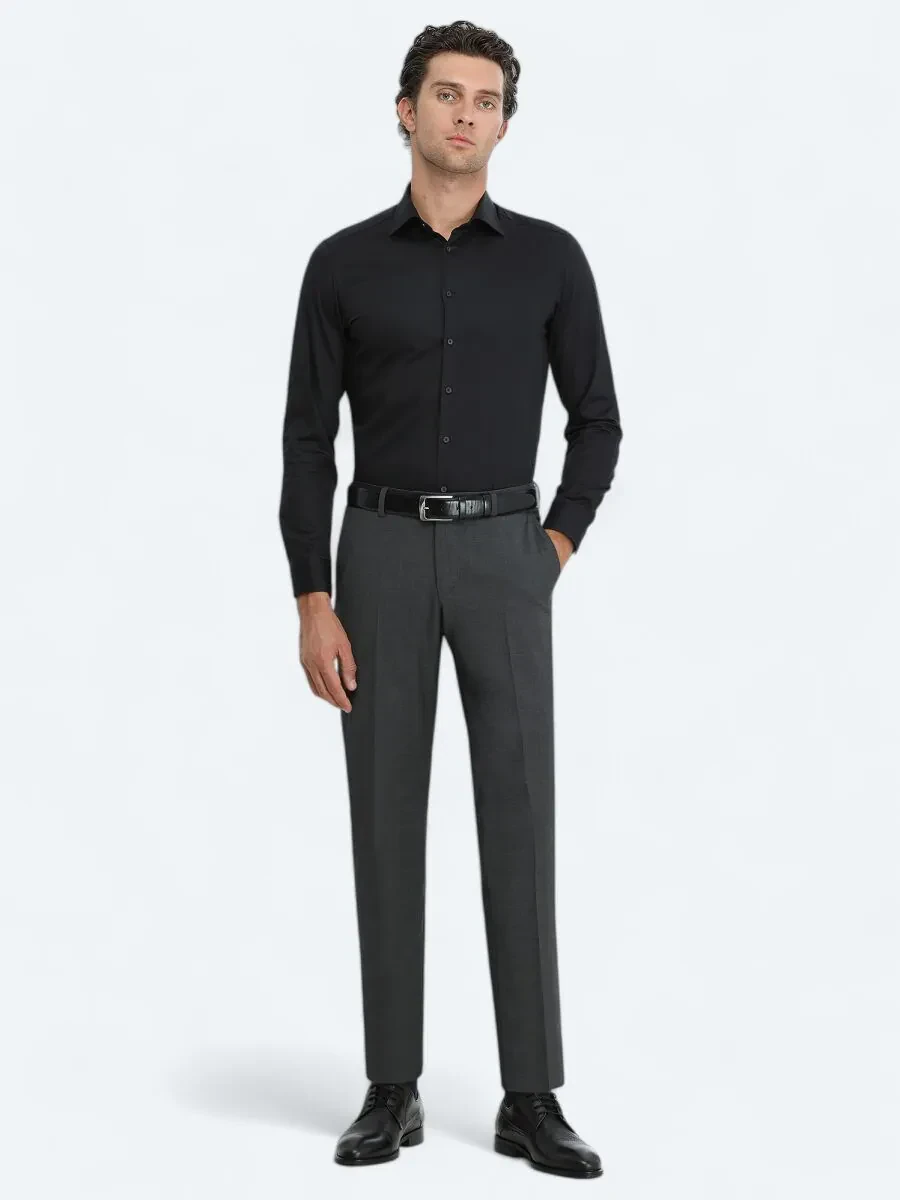 Siyah Düz Slim Fit Dokuma Klasik %100 Pamuk Gömlek - 2