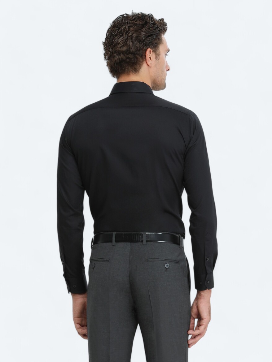 Siyah Düz Slim Fit Dokuma Klasik %100 Pamuk Gömlek - 5