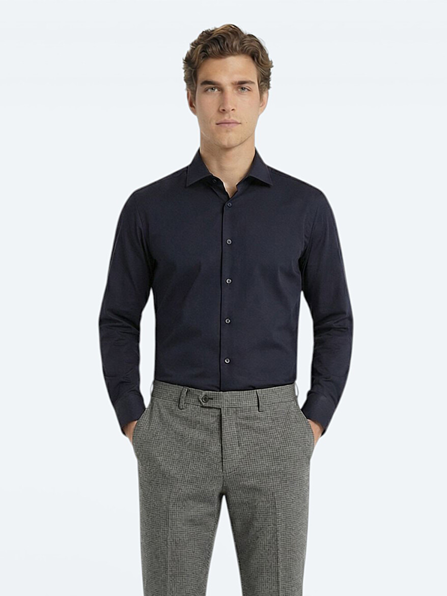 Siyah Düz Slim Fit Dokuma Klasik %100 Pamuk Gömlek - 3