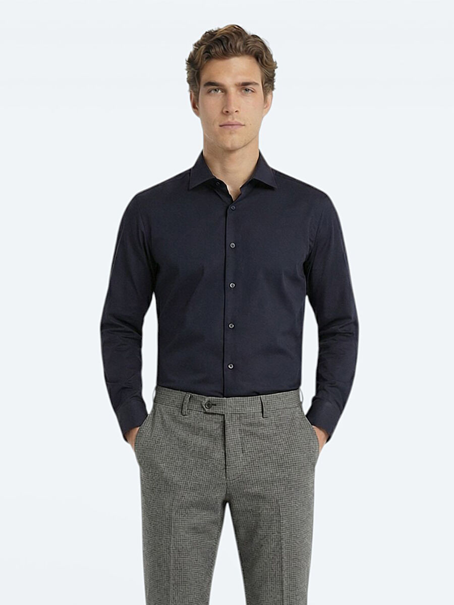 Siyah Düz Slim Fit Dokuma Klasik %100 Pamuk Gömlek - 3