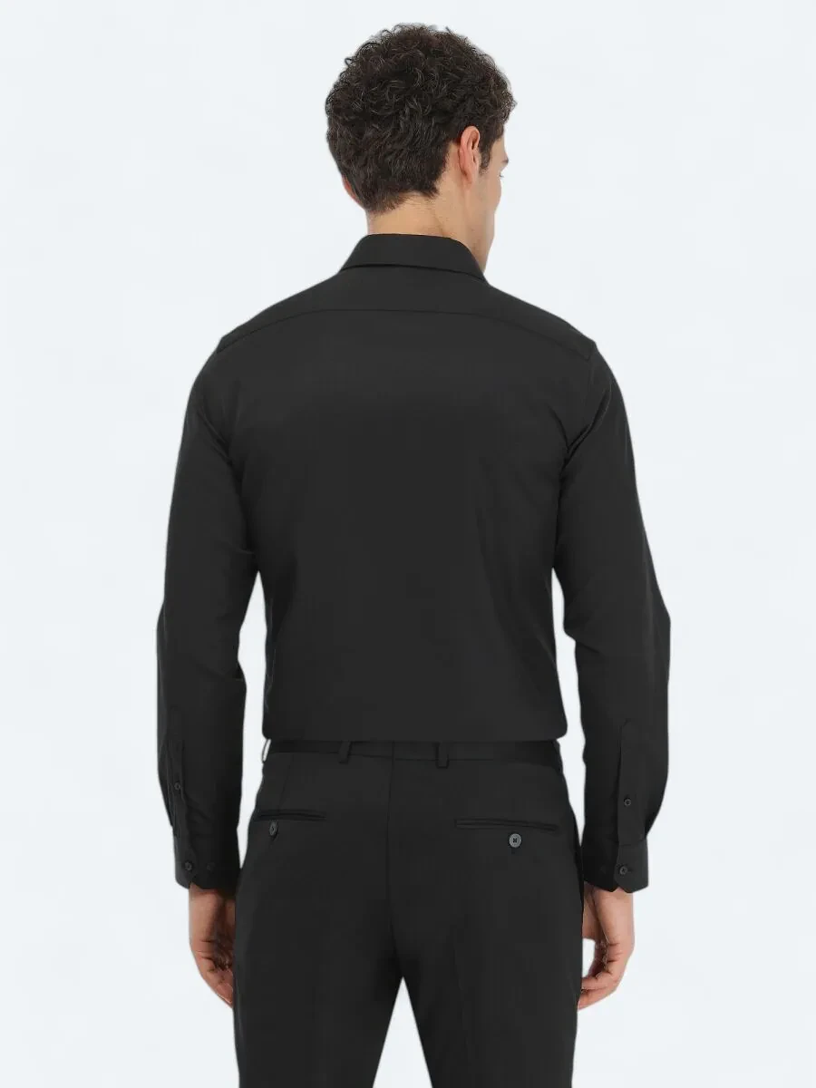 Siyah Düz Slim Fit Dokuma Klasik Pamuk Karışımlı Gömlek - 4