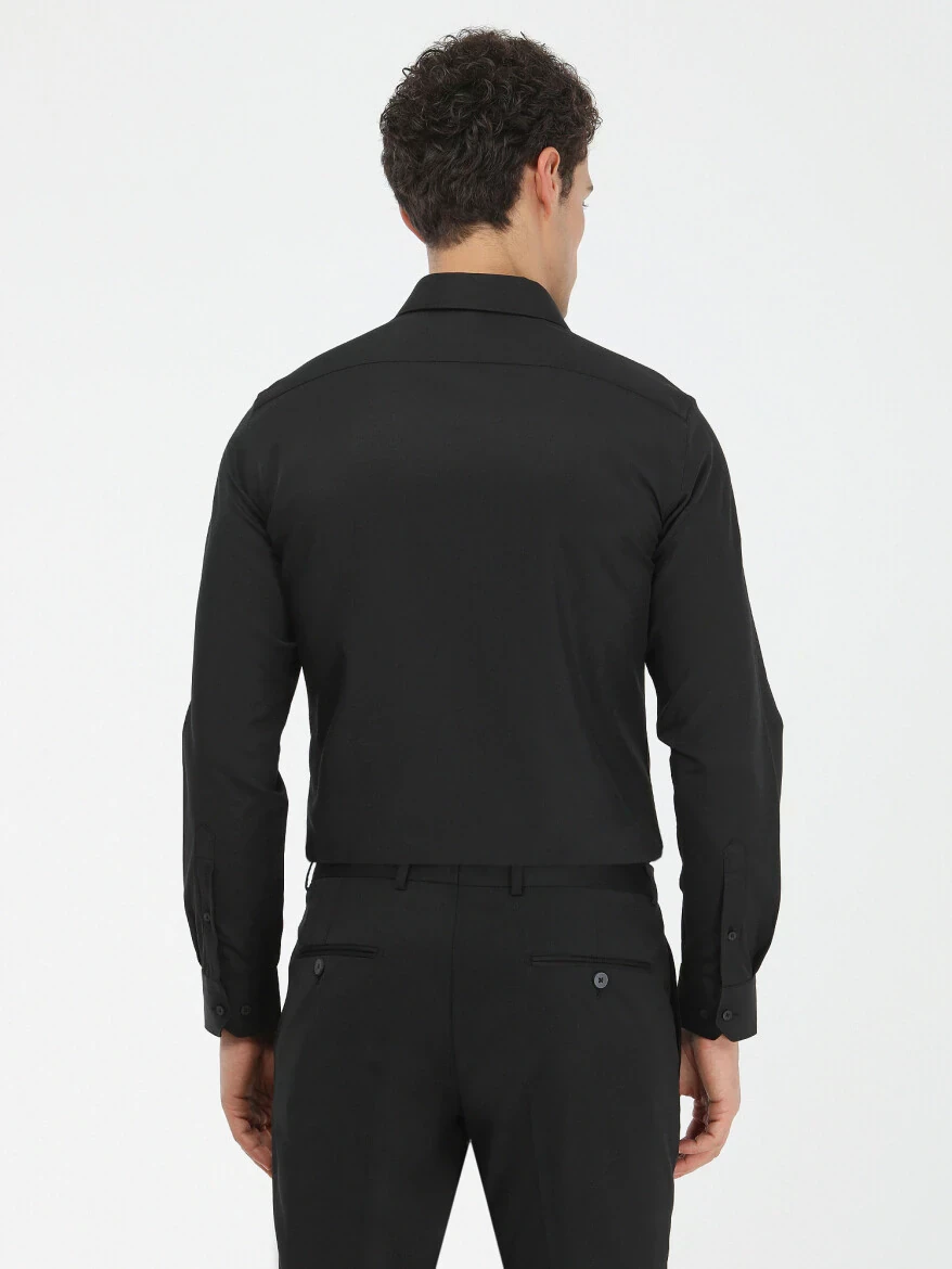 Siyah Düz Slim Fit Dokuma Klasik Pamuk Karışımlı Gömlek 