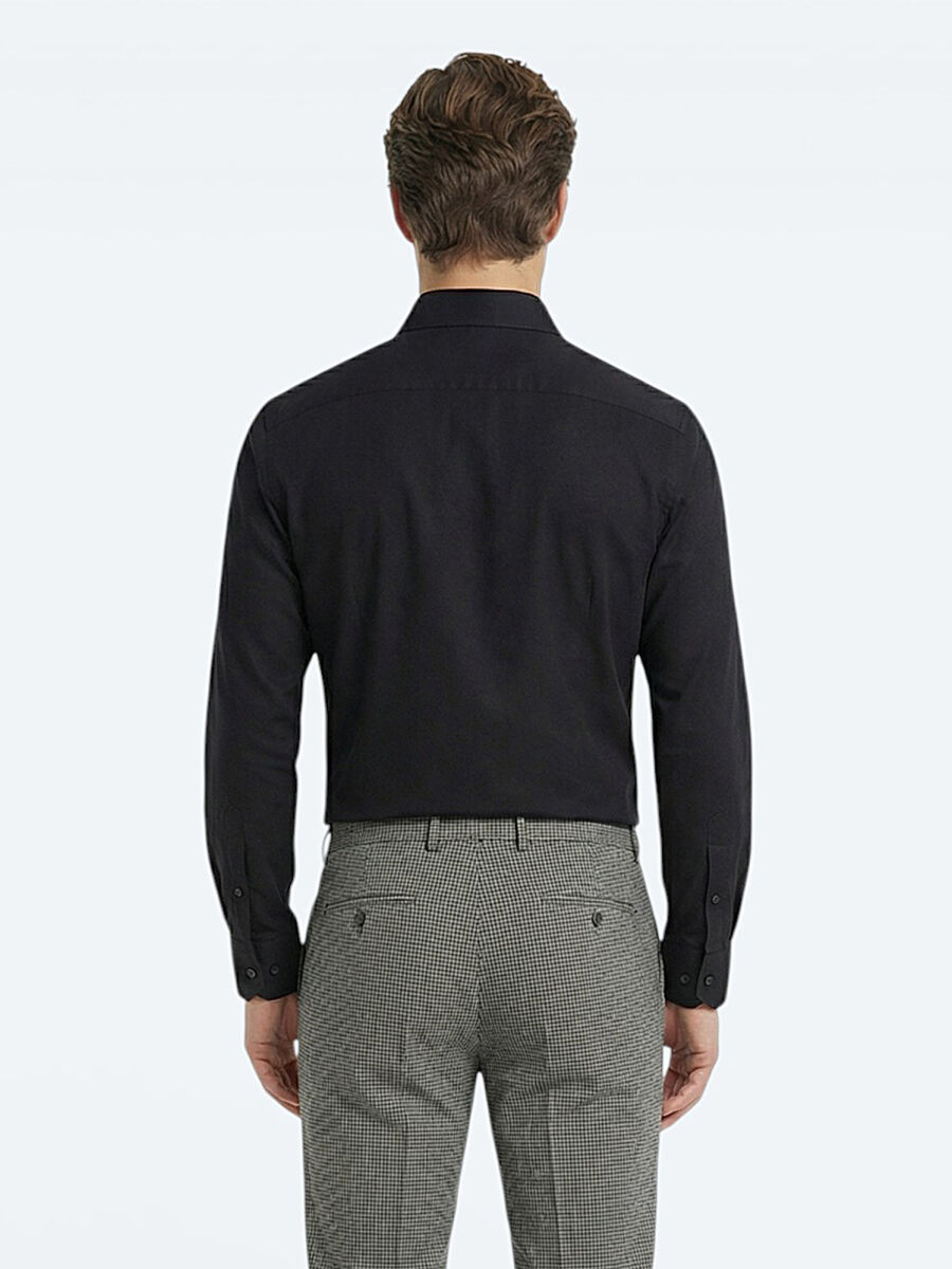 Siyah Düz Slim Fit Dokuma Klasik Pamuk Karışımlı Gömlek - 4