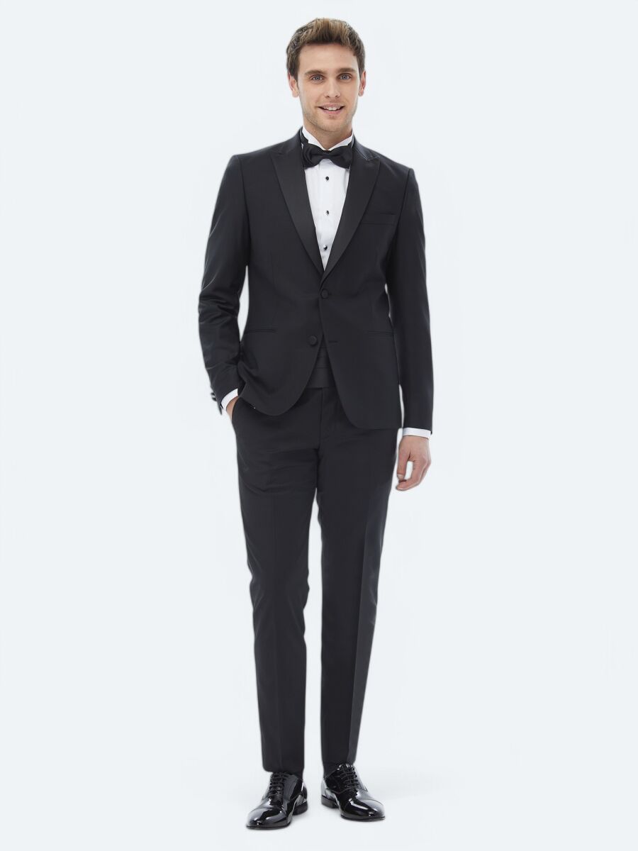 Siyah Düz Slim Fit Dokuma Smokin Takım Elbise - 1