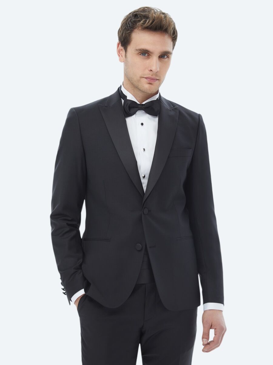 Siyah Düz Slim Fit Dokuma Smokin Takım Elbise - 2