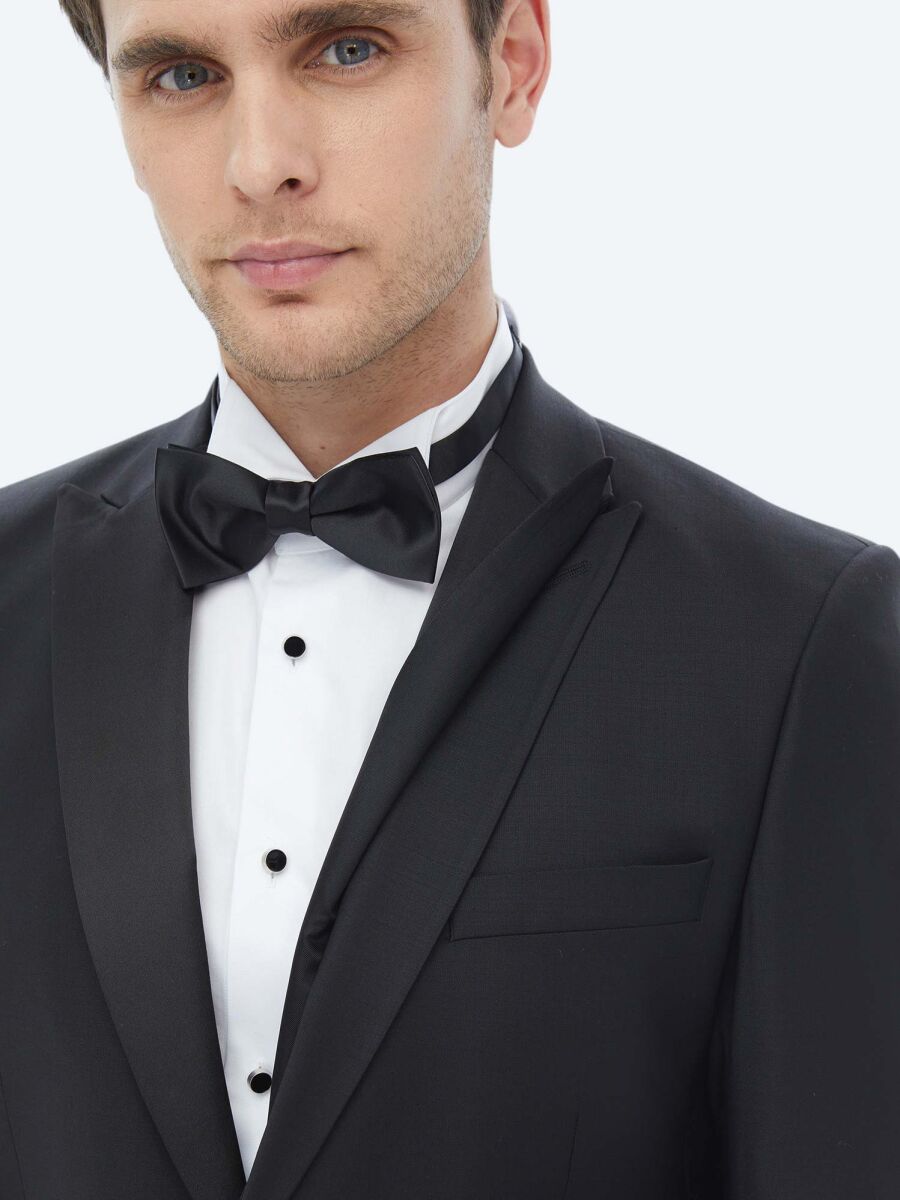 Siyah Düz Slim Fit Dokuma Smokin Takım Elbise - 6