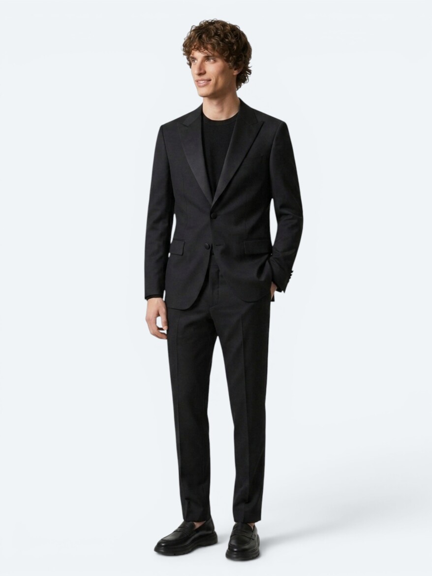 Siyah Düz Slim Fit Dokuma Smokin Takım Elbise - KİP