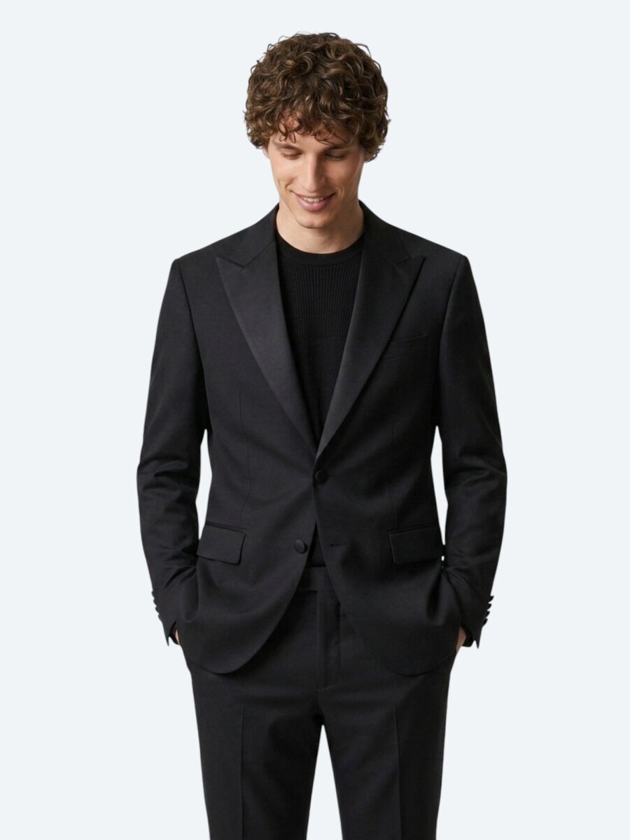 Siyah Düz Slim Fit Dokuma Smokin Takım Elbise - 3