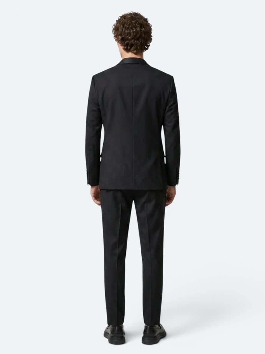 Siyah Düz Slim Fit Dokuma Smokin Takım Elbise - 5
