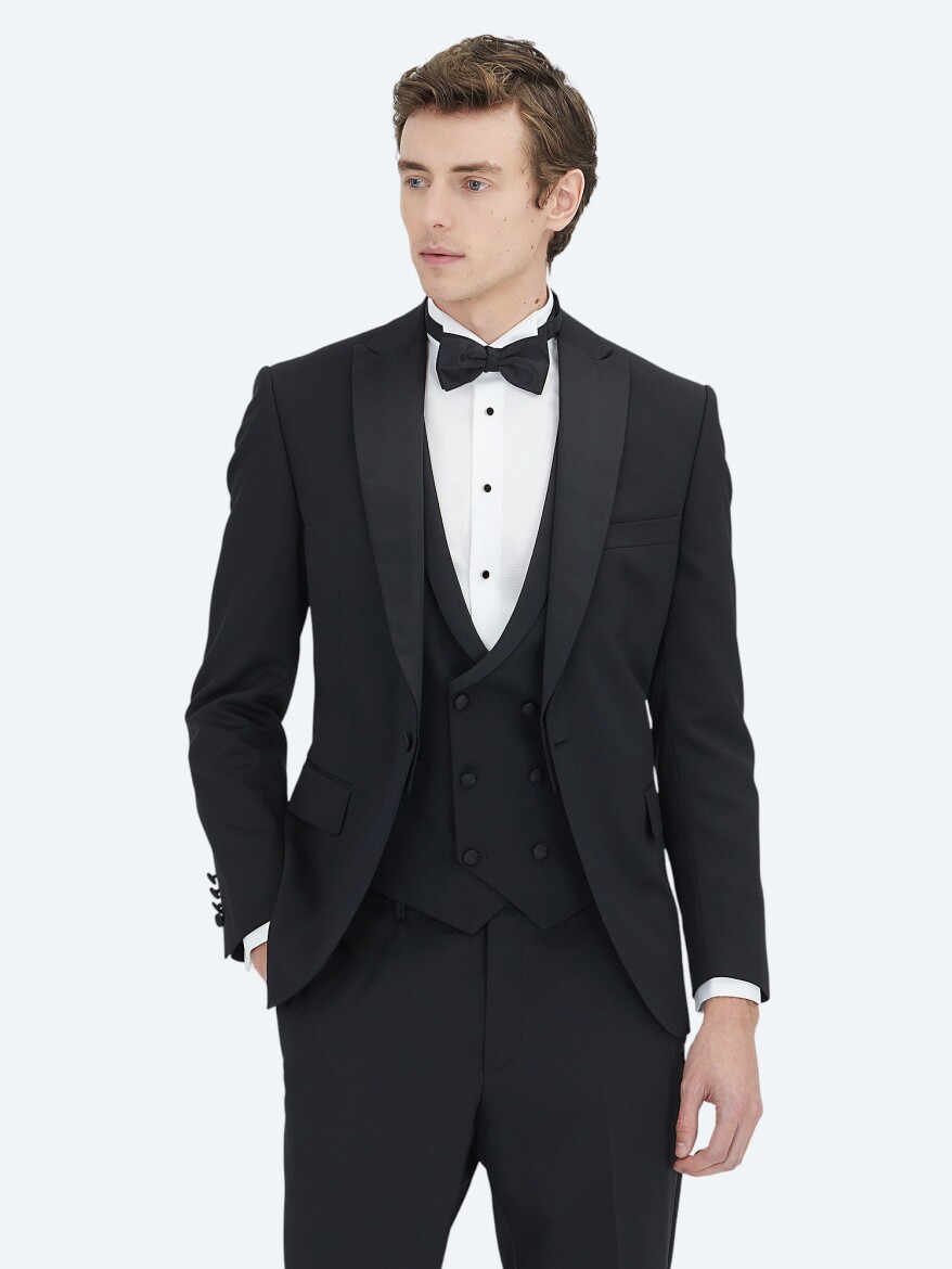Siyah Düz Slim Fit Dokuma Yelekli Smokin Takım Elbise - KİP