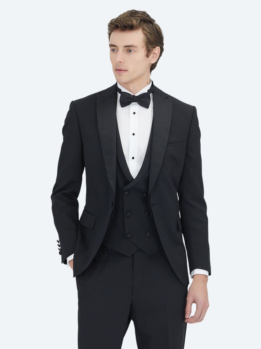 Siyah Düz Slim Fit Dokuma Yelekli Smokin Takım Elbise - 1