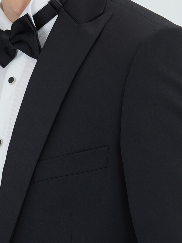 Siyah Düz Slim Fit Dokuma Yelekli Smokin Takım Elbise - 5