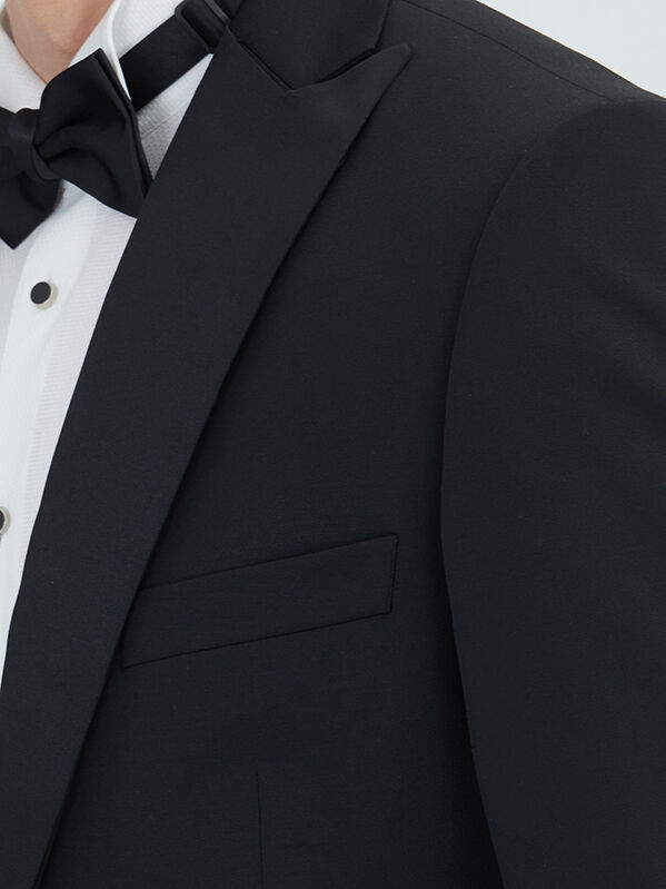 Siyah Düz Slim Fit Dokuma Yelekli Smokin Takım Elbise - 5