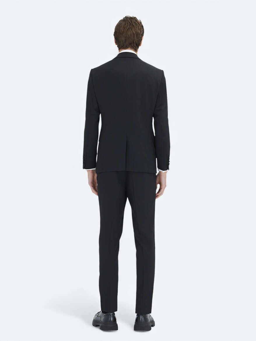 Siyah Düz Slim Fit Dokuma Yelekli Smokin Takım Elbise - 6