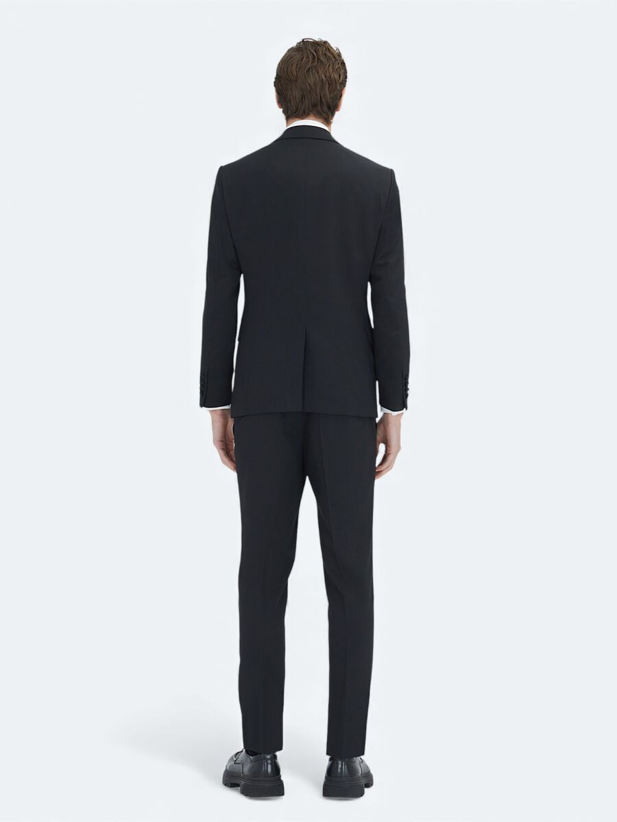 Siyah Düz Slim Fit Dokuma Yelekli Smokin Takım Elbise - 6