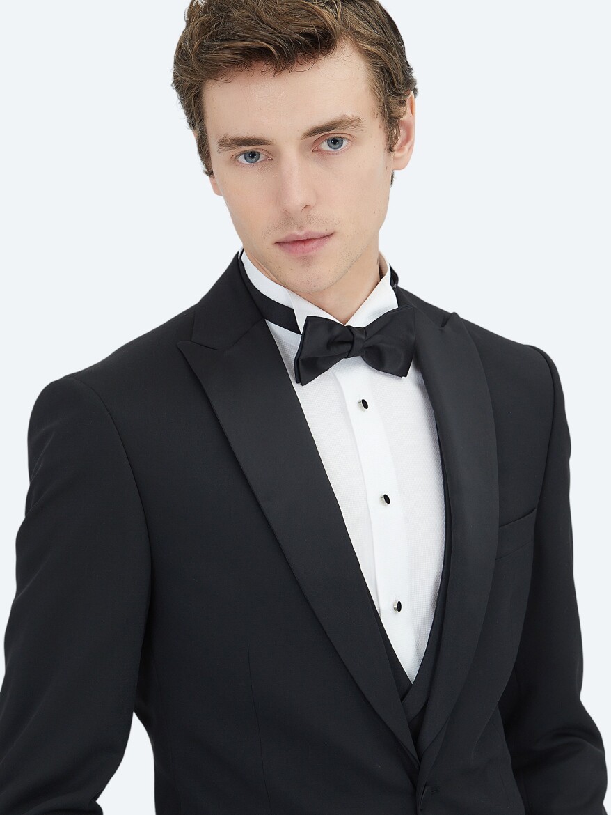 Siyah Düz Slim Fit Şal Yaka Dokuma Yelekli Smokin Takım Elbise - 4