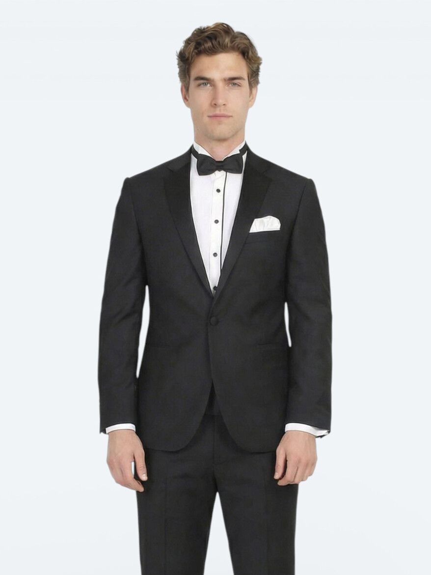 Siyah Düz Slim Fit Kelebek Yaka Dokuma Smokin Takım Elbise - 2