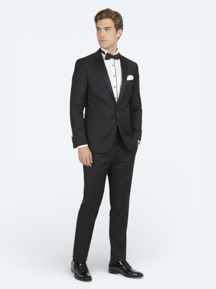 Siyah Düz Slim Fit Kelebek Yaka Dokuma Smokin Takım Elbise - 3