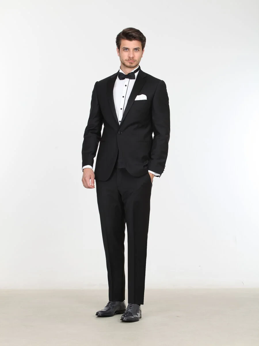 Siyah Düz Slim Fit Kelebek Yaka Dokuma Smokin Takım Elbise - 1