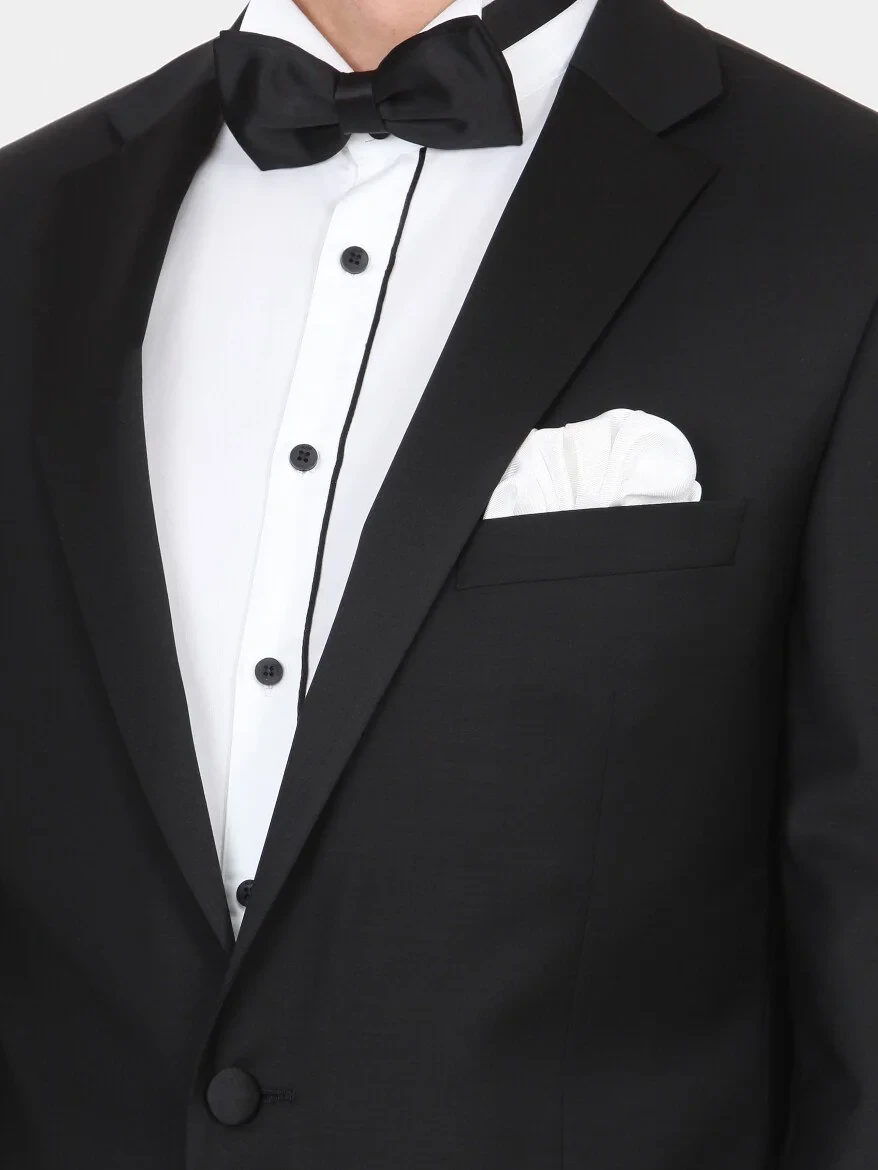 Siyah Düz Slim Fit Kelebek Yaka Dokuma Smokin Takım Elbise - 2