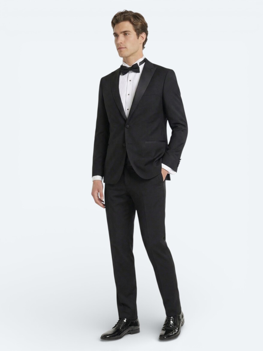 Siyah Düz Slim Fit Kruvaze Yaka Dokuma Smokin Takım Elbise - 3