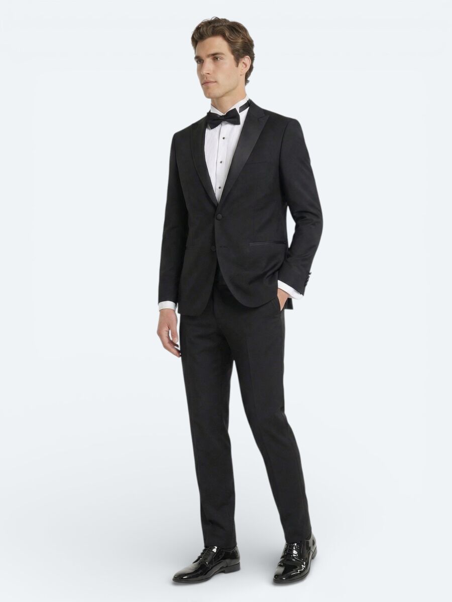 Siyah Düz Slim Fit Kruvaze Yaka Dokuma Smokin Takım Elbise - 3