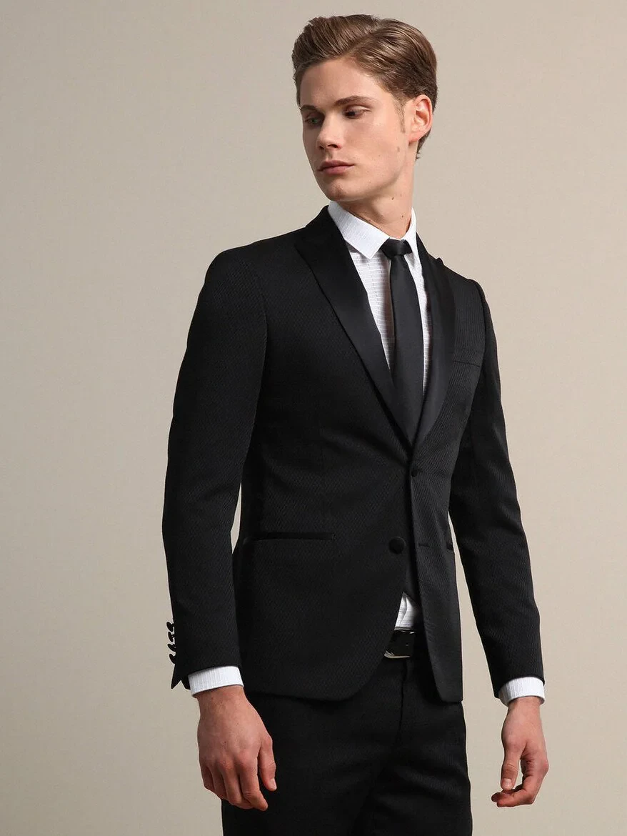 Siyah Düz Slim Fit Kruvaze Yaka Dokuma Smokin Takım Elbise - 4