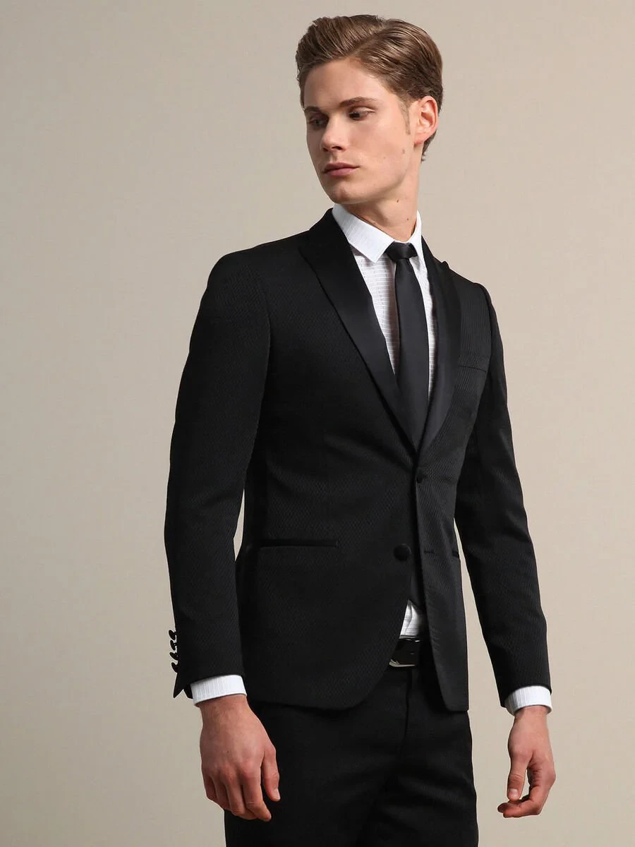 Siyah Düz Slim Fit Kruvaze Yaka Dokuma Smokin Takım Elbise - 4